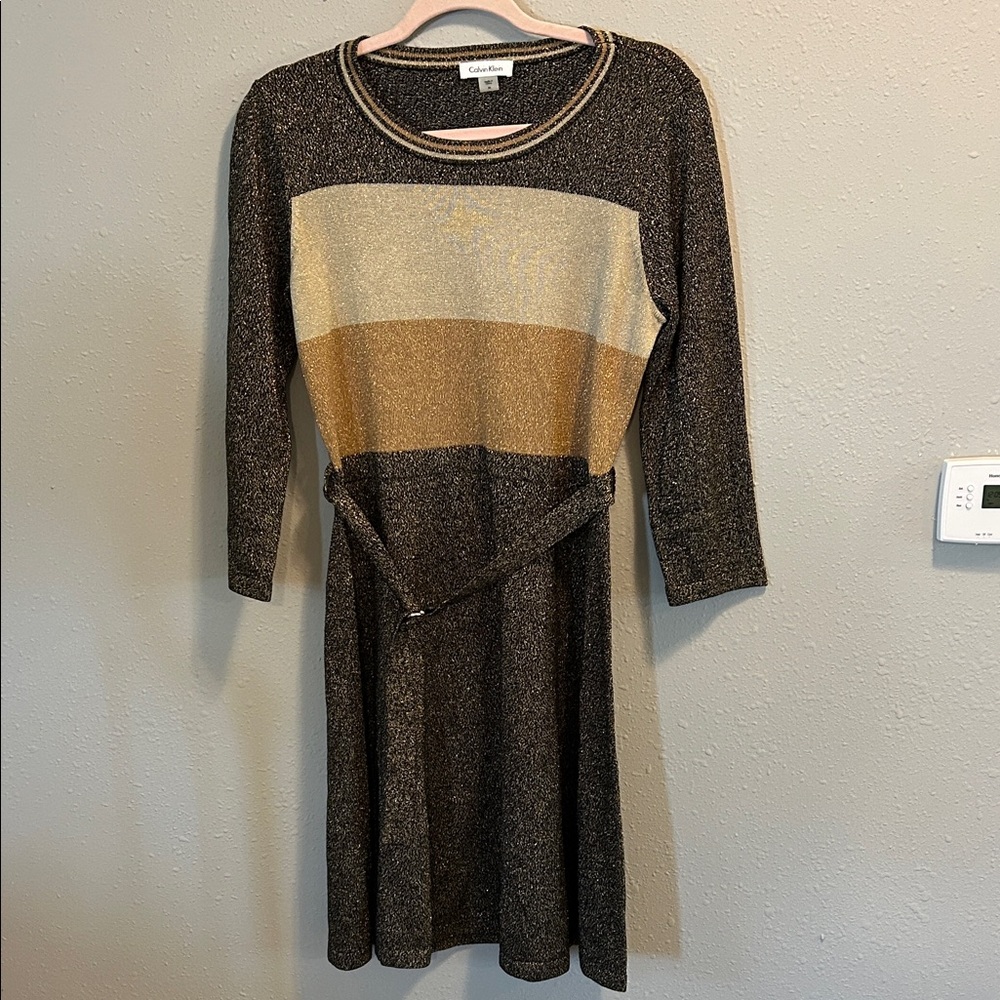 Calvin Klein Women's Black and Gold Long Sleeve‎ Dress Knit Metallic